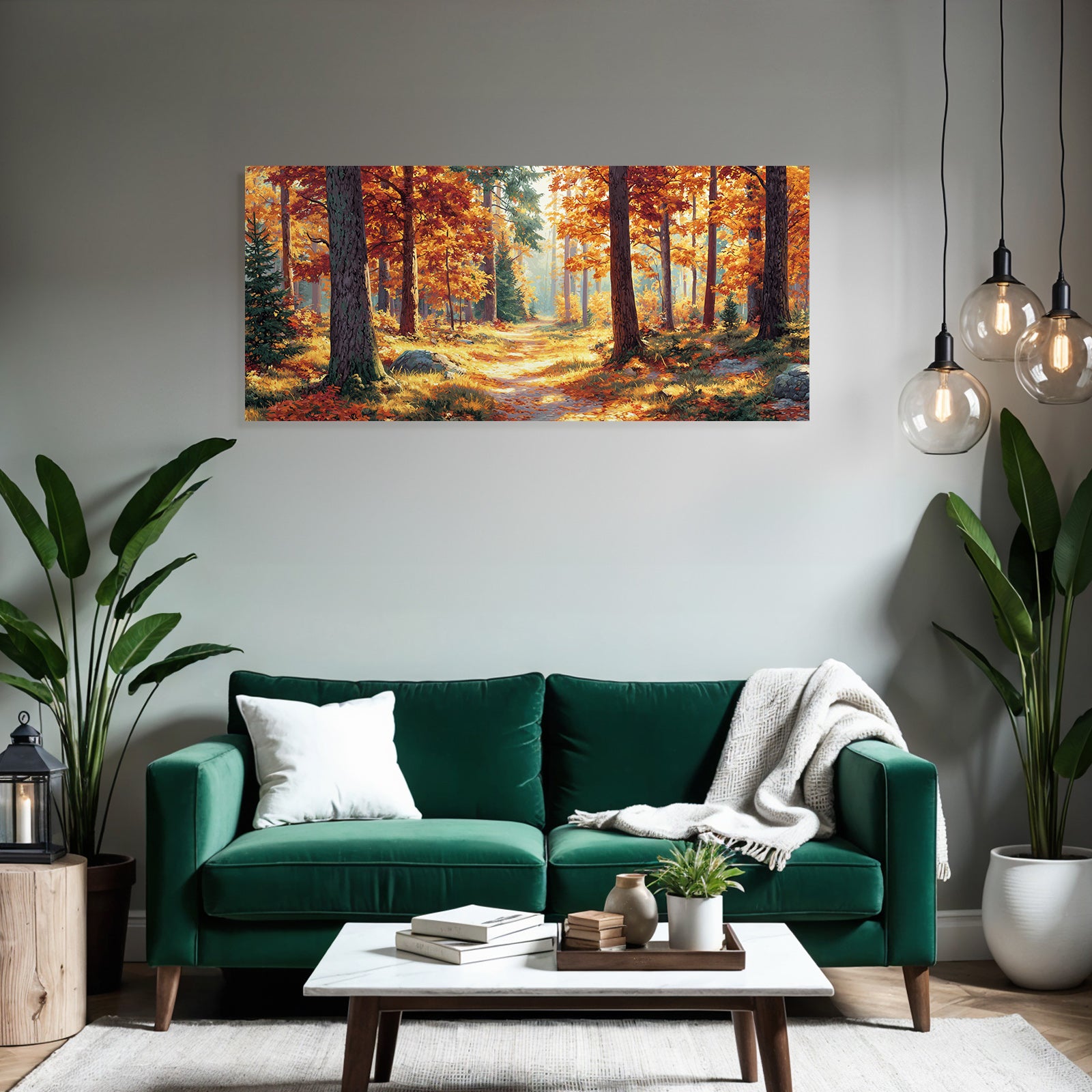 Wald Szene Mit Orangen Und Gelben Blättern Und Einem Windenden Weg