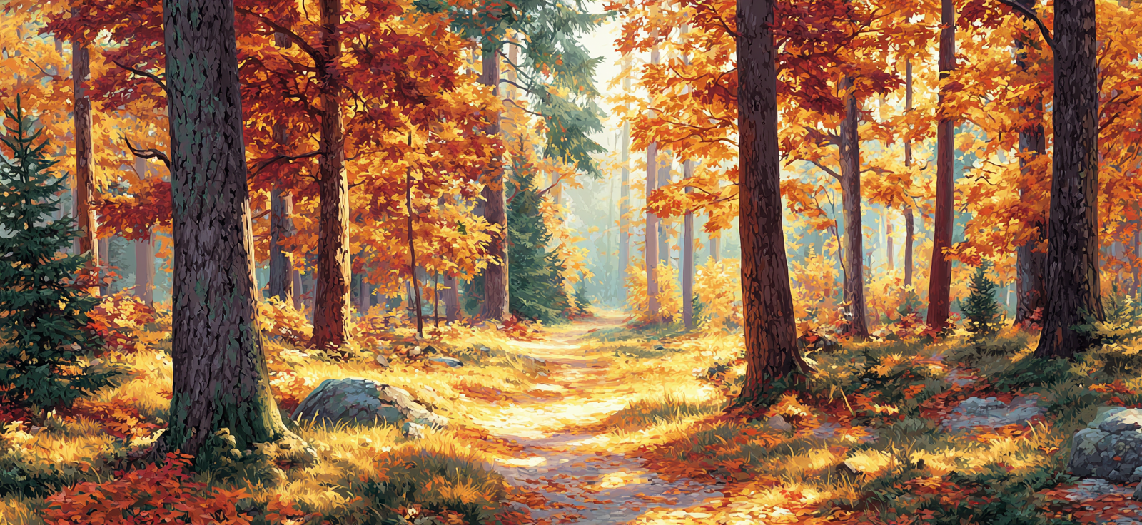 Wald Szene Mit Orangen Und Gelben Blättern Und Einem Windenden Weg | Herbst | Jahreszeiten