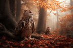 Zwei Eulen Im Im Wald Mit Nebel Und Orangen Blättern | Herbst | Jahreszeiten