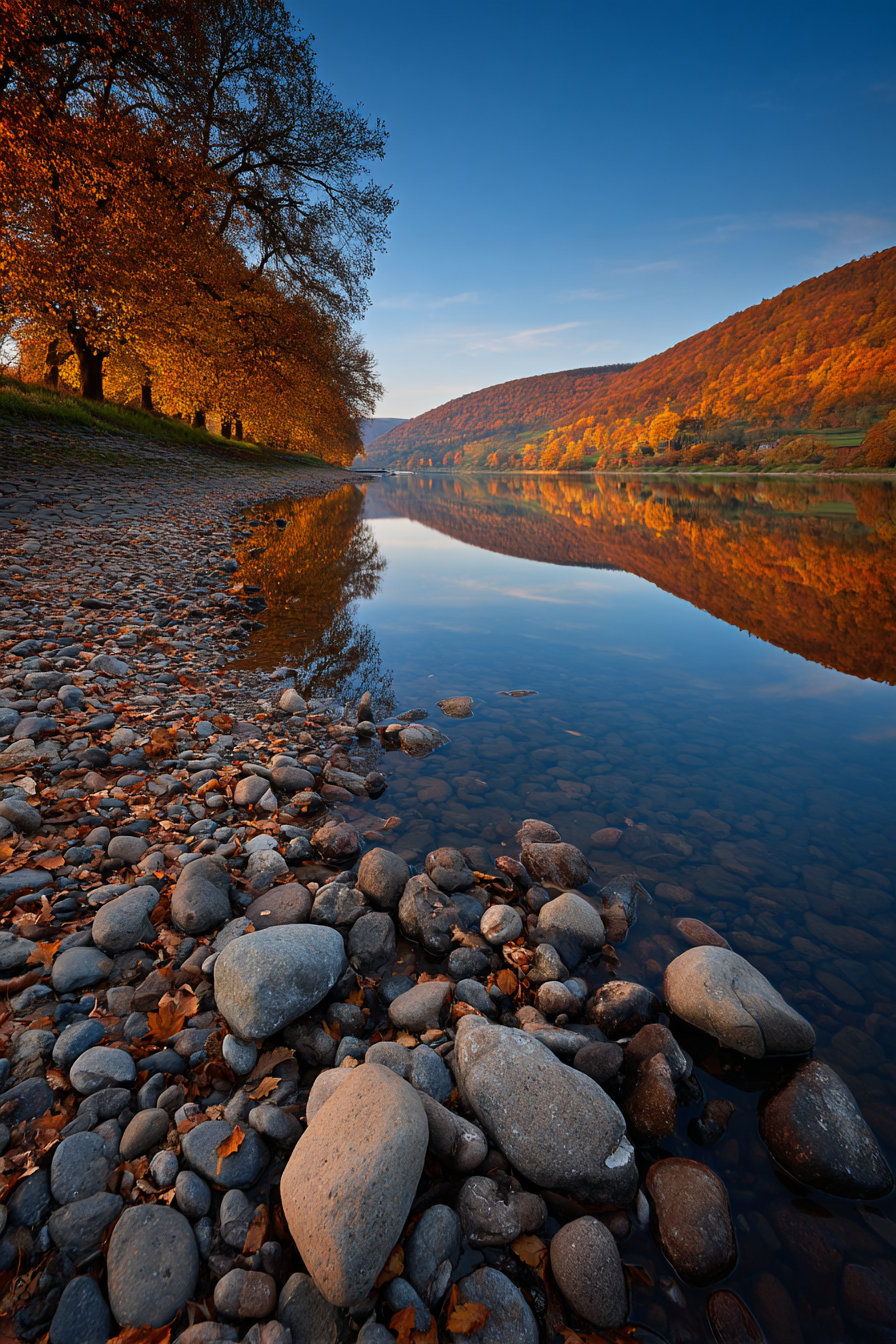Friedliche Landschaft Riverbank Herbst Reflexionen Sonnenaufgangsunset | Indian Summer | Jahreszeiten