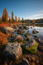 Herbstaussicht Mit Wasser Und Felsen Reflektion Schonheit | Indian Summer | Jahreszeiten