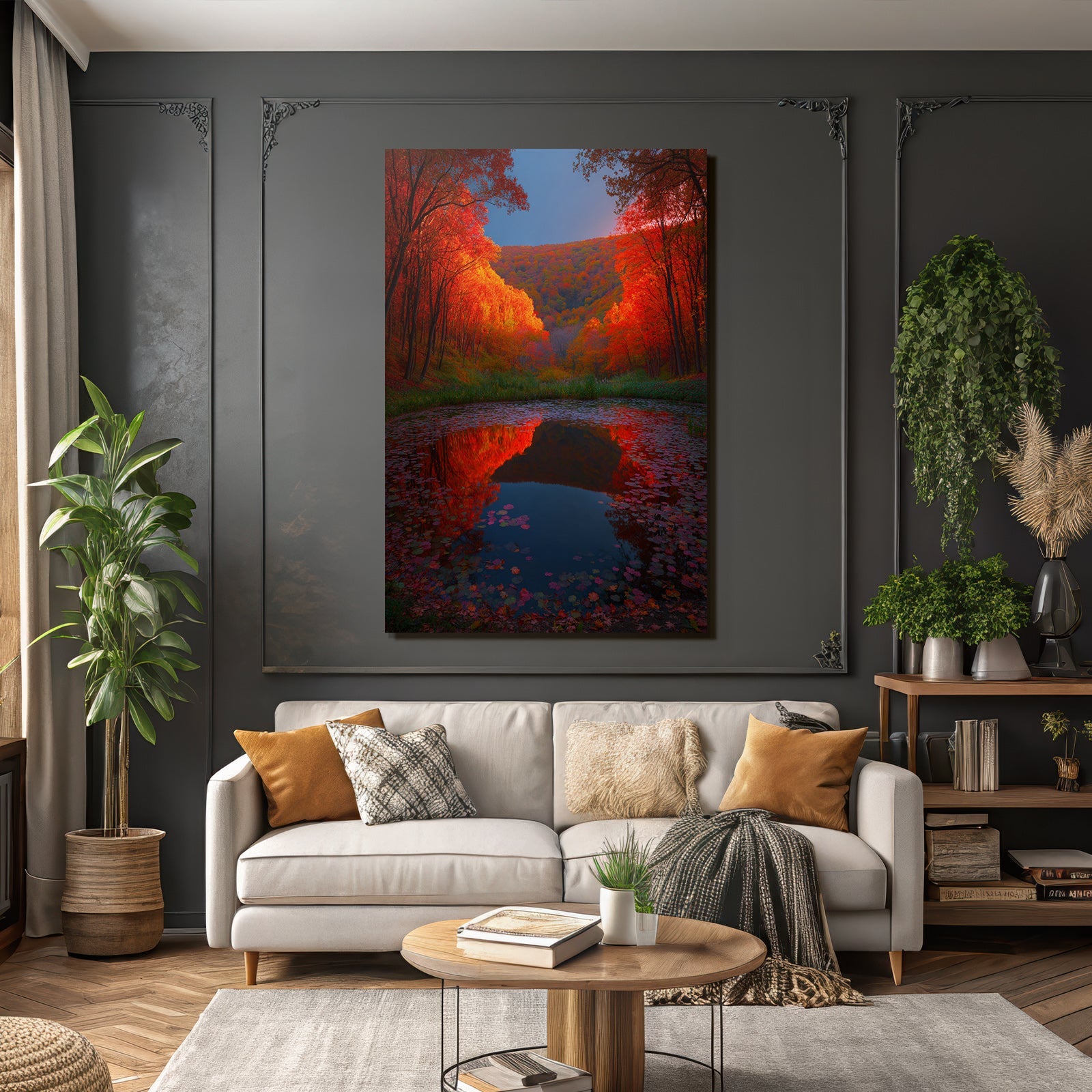 Herbstlandschaft Am Gewässer Reflektierendes Laub