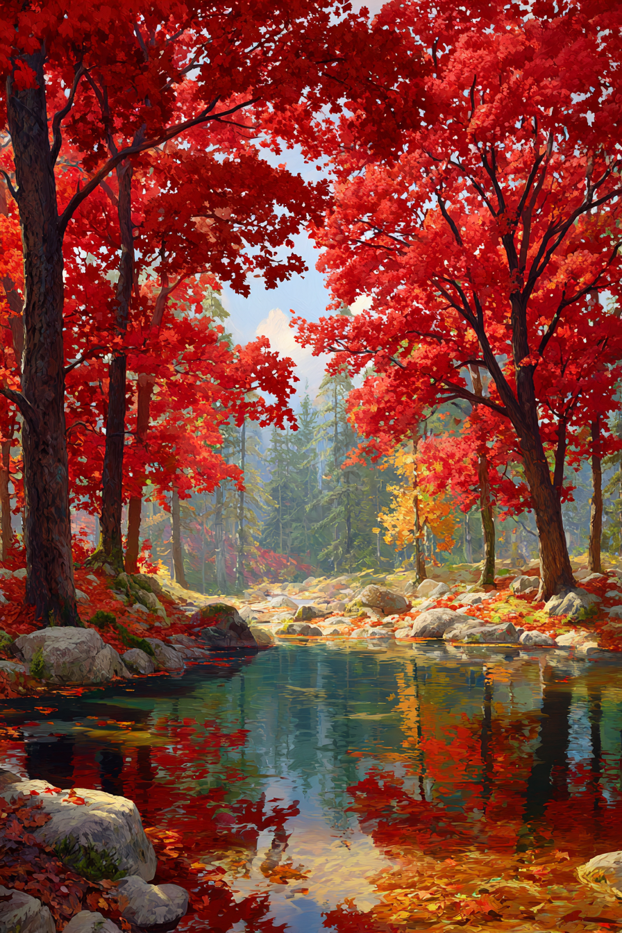 Herbstlandschaft Mit Bunten Bäumen Und Klarem Wasser | Indian Summer | Jahreszeiten