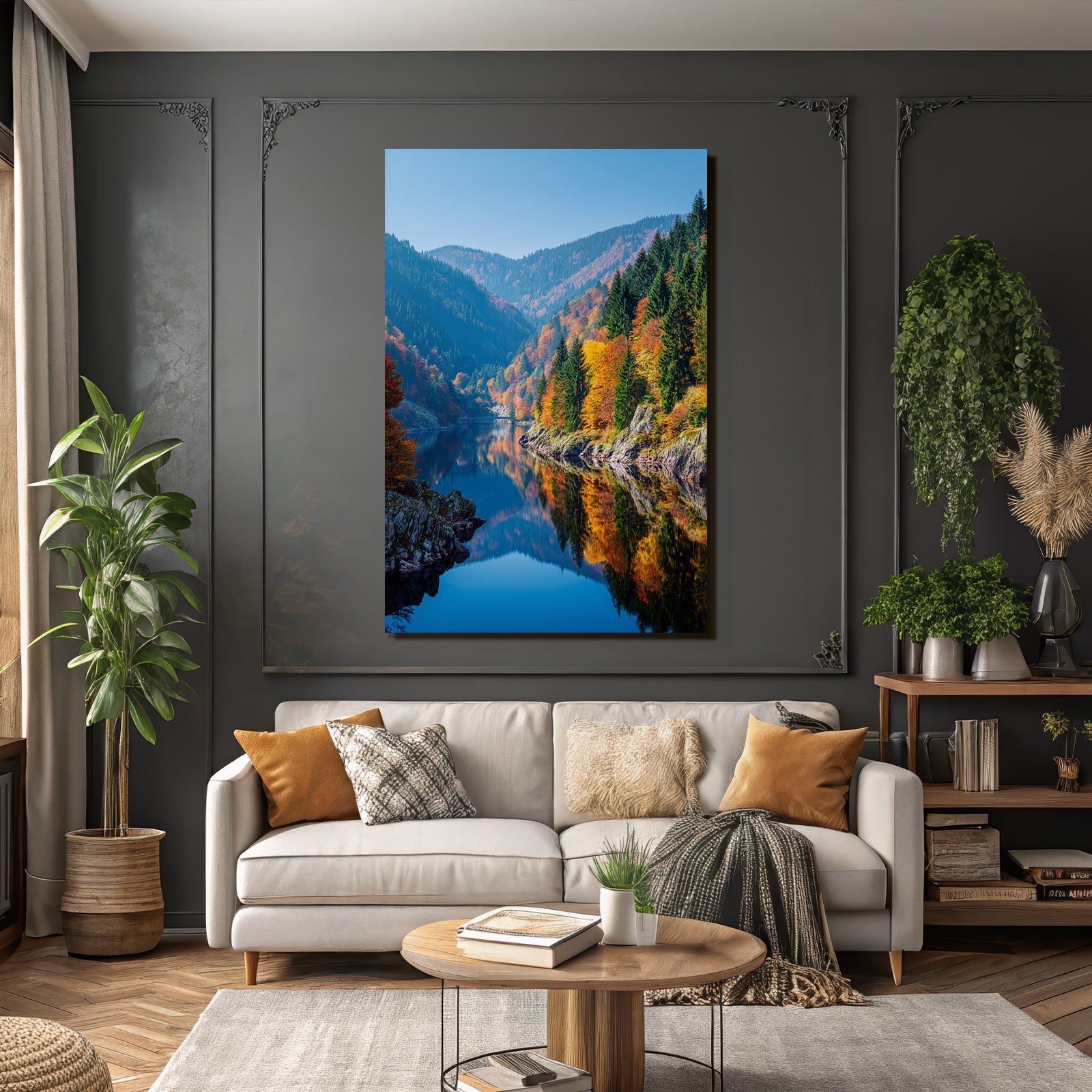 Herbstlandschaft Mit Fluss Und Bergen Reflexionen Im Wasser