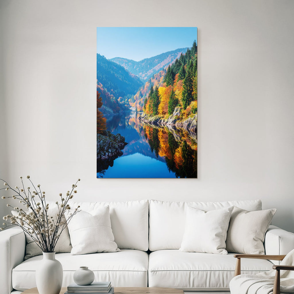 Herbstlandschaft Mit Fluss Und Bergen Reflexionen Im Wasser