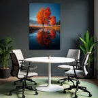 Herbstlandschaft Mit Leuchtenden Orangentrees Und Reflexion Im Wasser