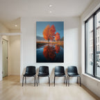 Herbstlandschaft Mit Leuchtenden Orangentrees Und Reflexion Im Wasser