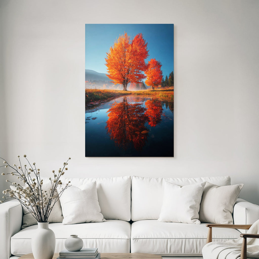 Herbstlandschaft Mit Leuchtenden Orangentrees Und Reflexion Im Wasser