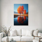 Herbstlandschaft Mit Leuchtenden Orangentrees Und Reflexion Im Wasser