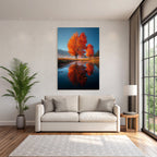 Herbstlandschaft Mit Leuchtenden Orangentrees Und Reflexion Im Wasser