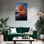 Herbstlandschaft Mit Leuchtenden Orangentrees Und Reflexion Im Wasser