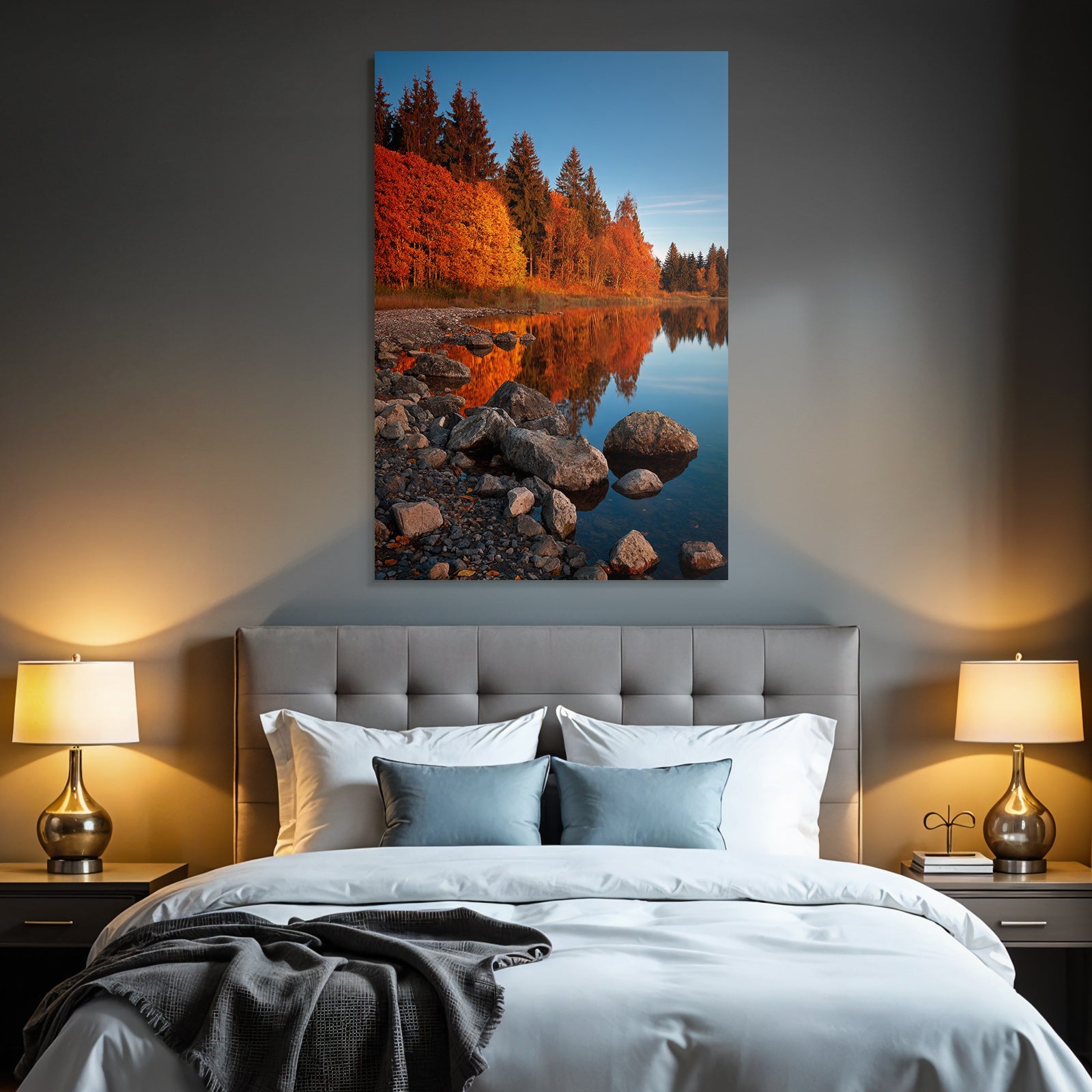 Herbstlandschaft Mit Reflektion Im Wasser Blaür Himmel