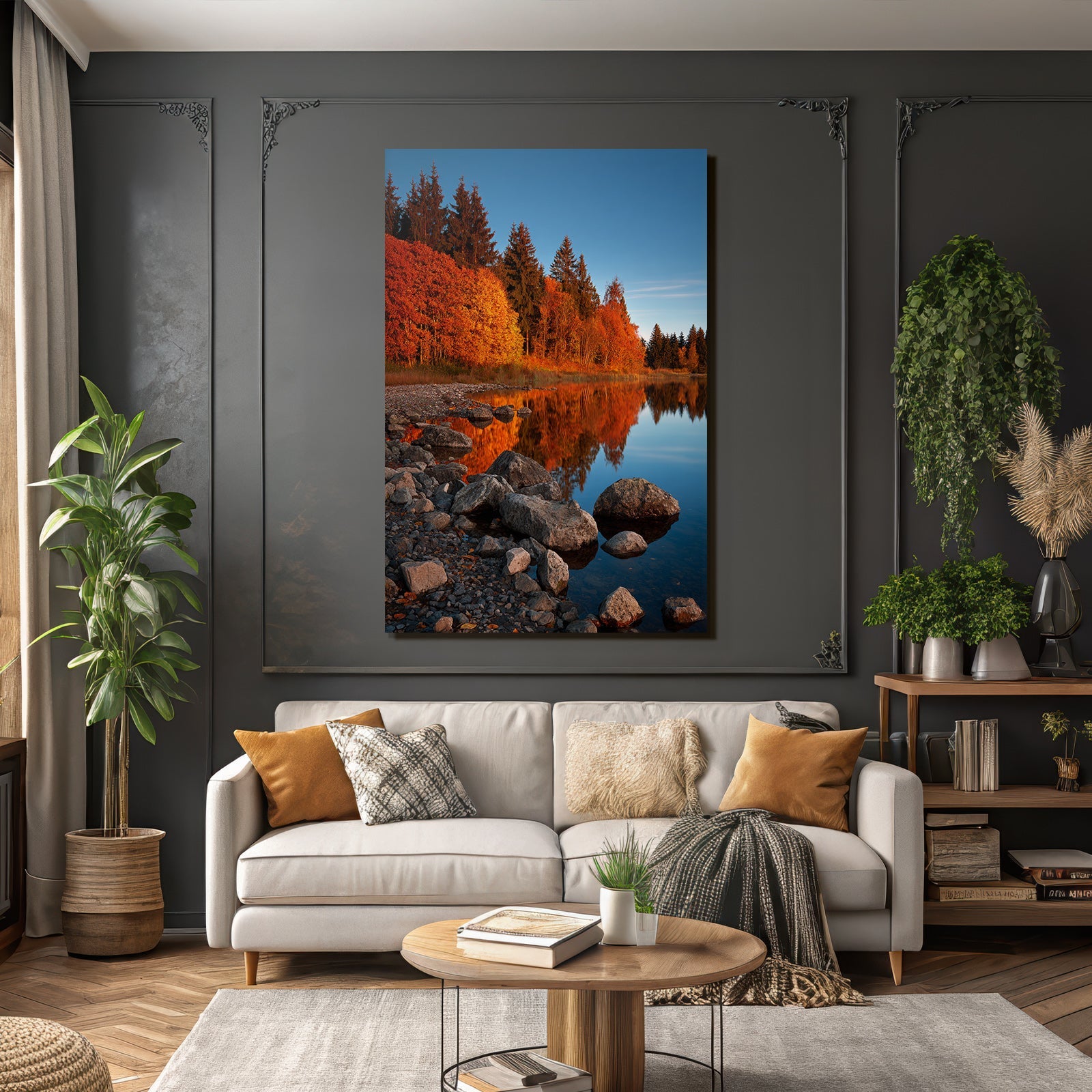 Herbstlandschaft Mit Reflektion Im Wasser Blaür Himmel