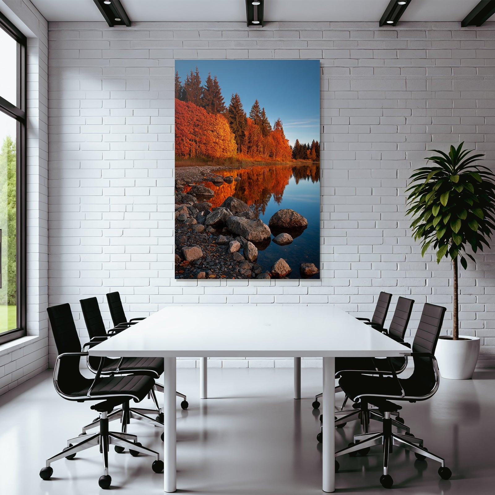 Herbstlandschaft Mit Reflektion Im Wasser Blaür Himmel