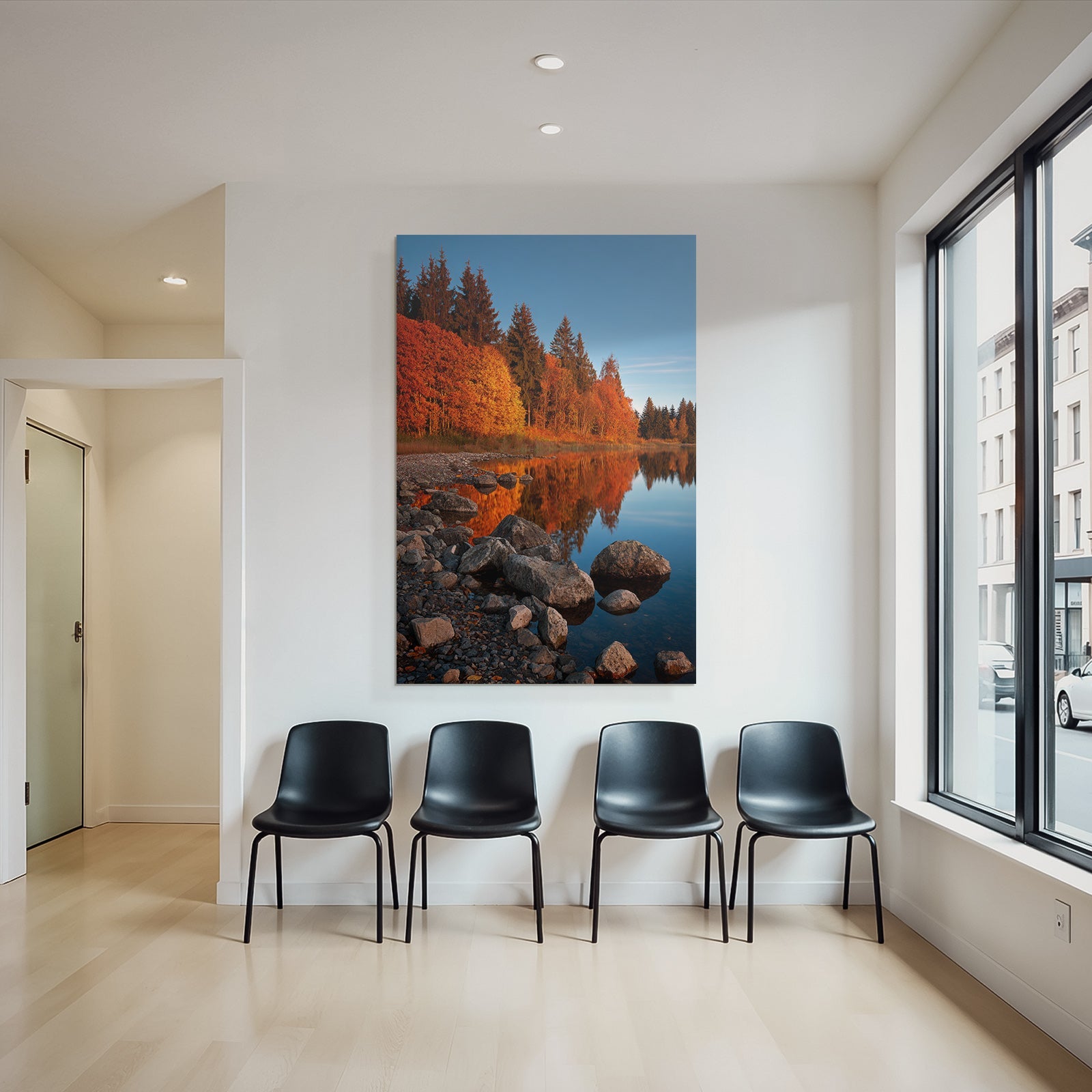 Herbstlandschaft Mit Reflektion Im Wasser Blaür Himmel