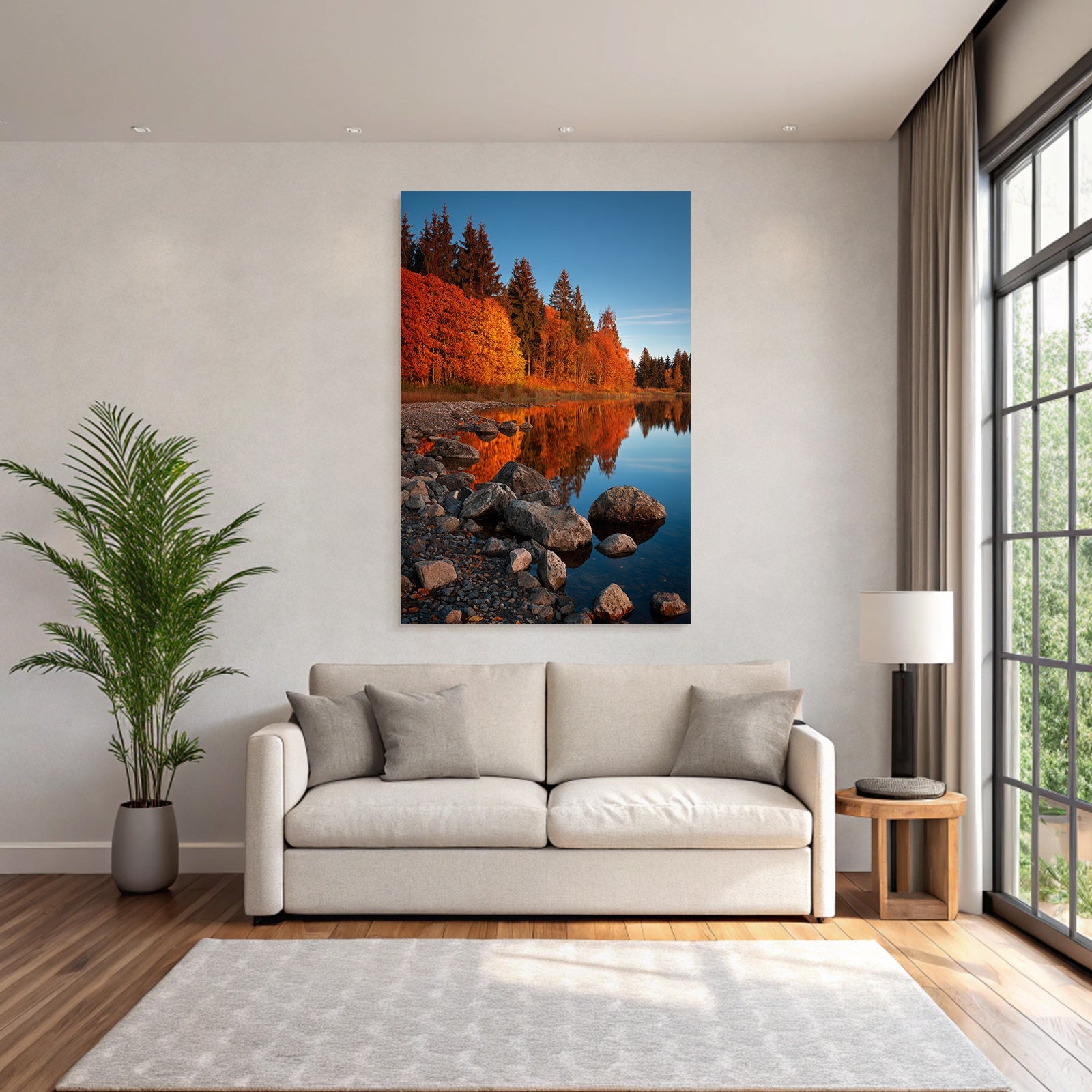Herbstlandschaft Mit Reflektion Im Wasser Blaür Himmel