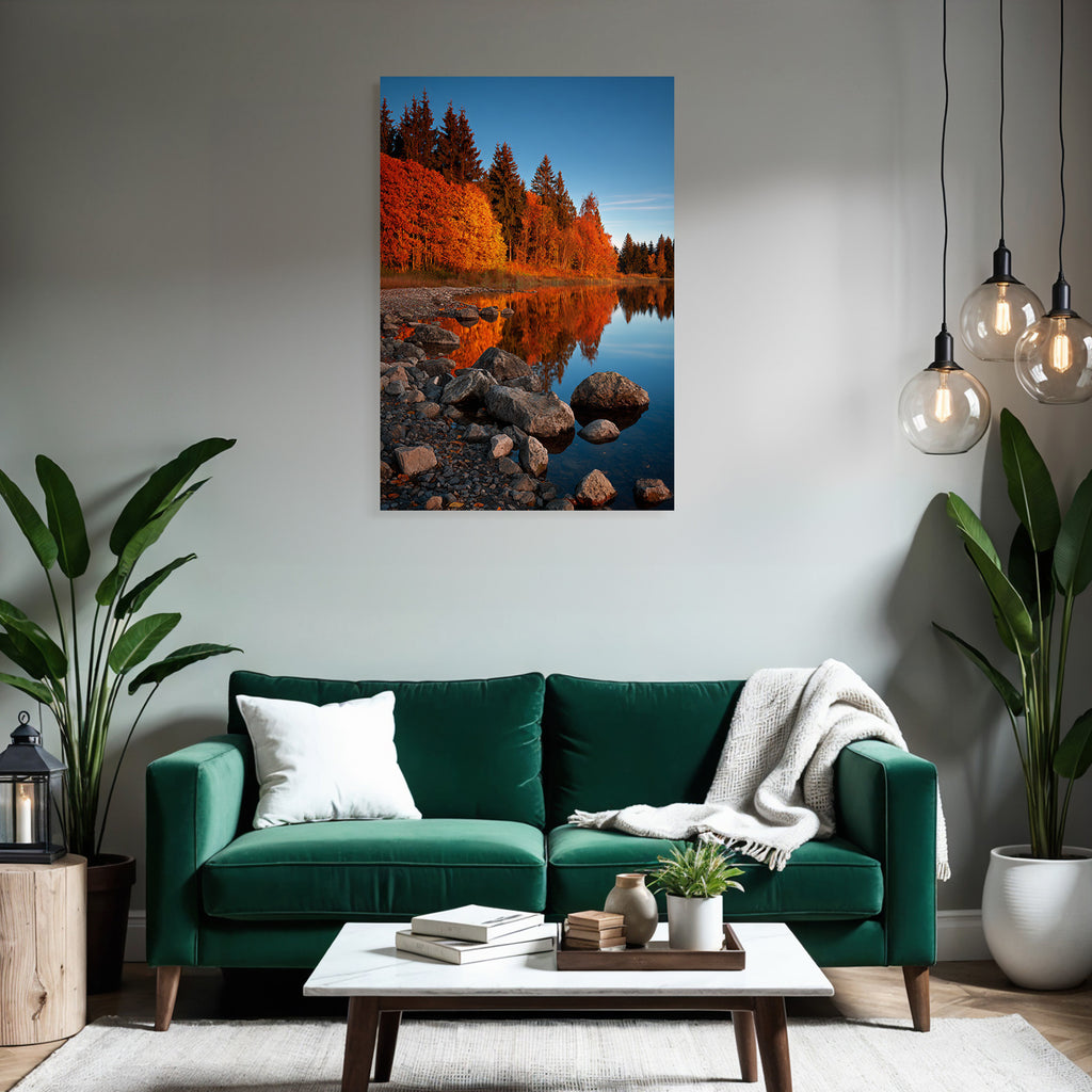 Herbstlandschaft Mit Reflektion Im Wasser Blaür Himmel