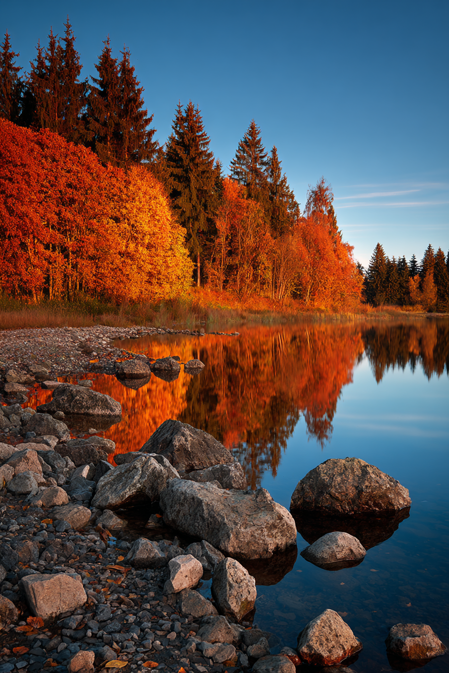 Herbstlandschaft Mit Reflektion Im Wasser Blaür Himmel | Indian Summer | Jahreszeiten