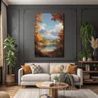 Herbstlandschaft Mit See Laubbäume Und Schneebedeckte Berge