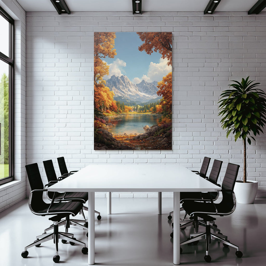 Herbstlandschaft Mit See Laubbäume Und Schneebedeckte Berge