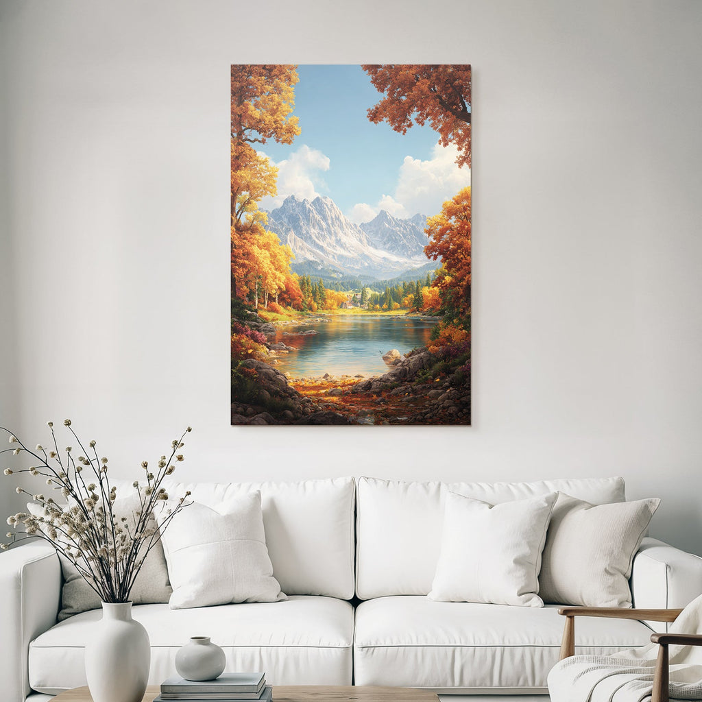 Herbstlandschaft Mit See Laubbäume Und Schneebedeckte Berge