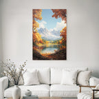 Herbstlandschaft Mit See Laubbäume Und Schneebedeckte Berge