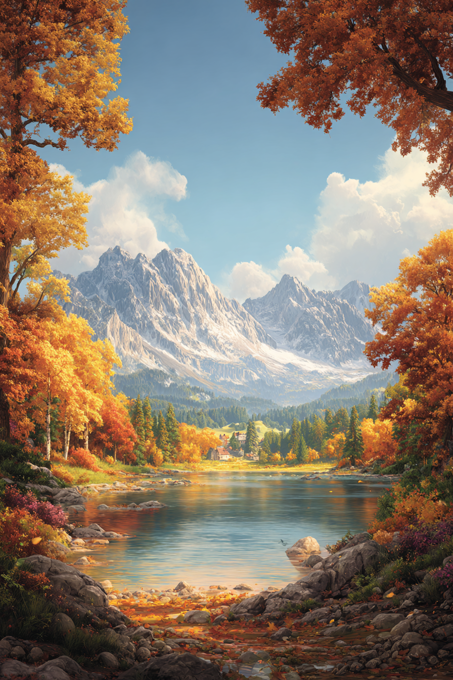 Herbstlandschaft Mit See Laubbäume Und Schneebedeckte Berge | Indian Summer | Jahreszeiten