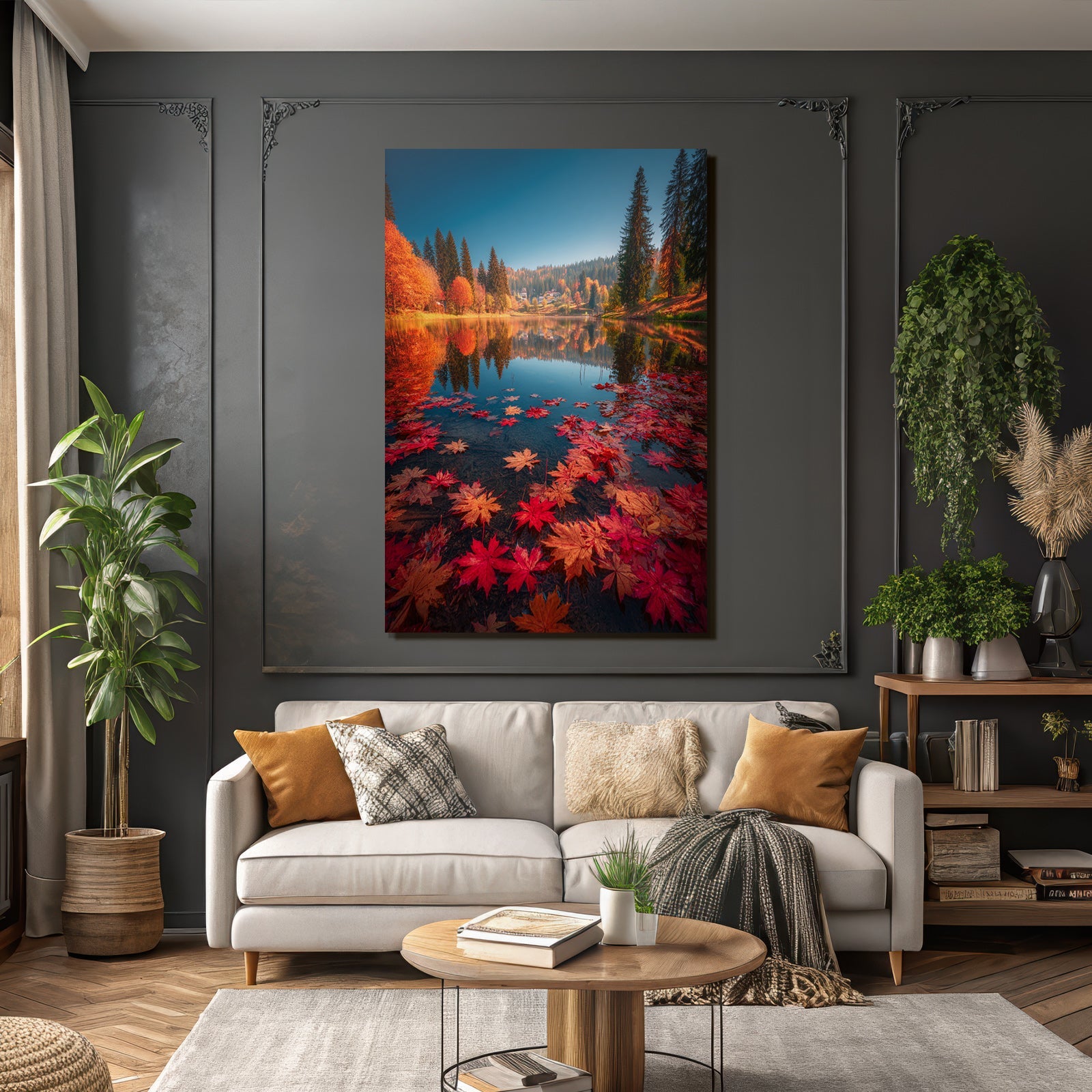 Herbstlandschaft Mit See Und Bunten Blättern