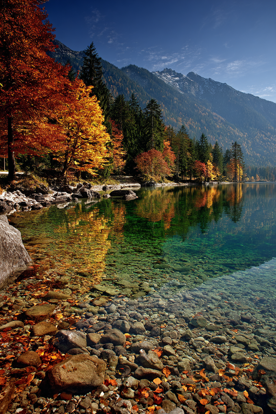 Herbstlandschaft See Bäume Gebirge Wolken Klare Sicht | Indian Summer | Jahreszeiten