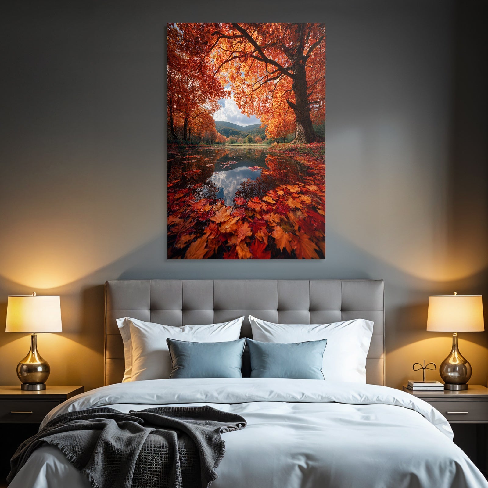 Herbstlandschaft Spiegelt Sich Im Wasser Farbenspiel Aus Blattern