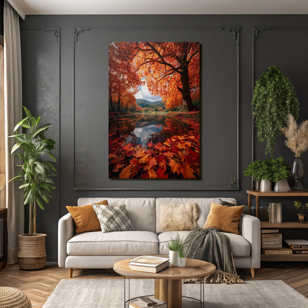 Herbstlandschaft Spiegelt Sich Im Wasser Farbenspiel Aus Blattern