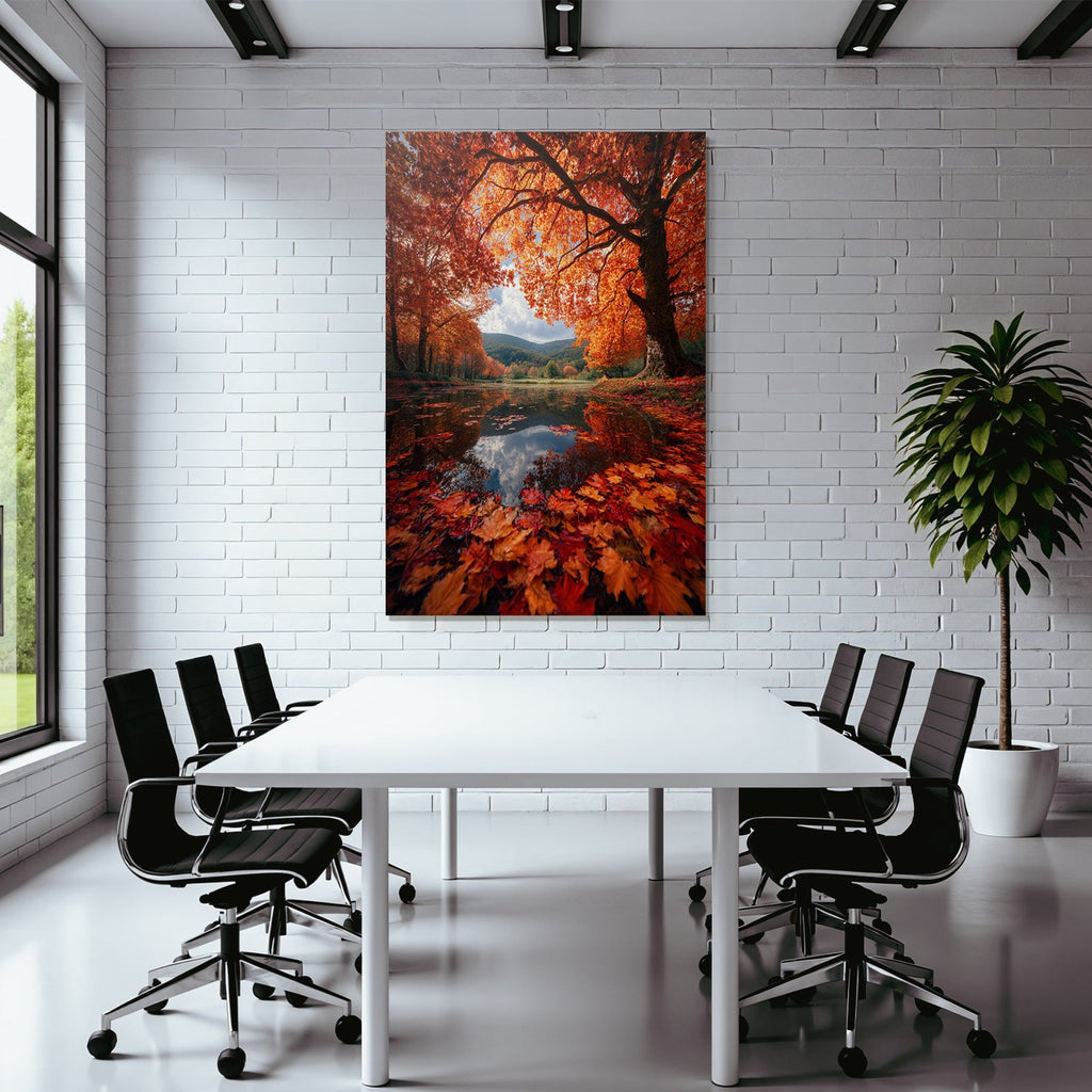 Herbstlandschaft Spiegelt Sich Im Wasser Farbenspiel Aus Blattern