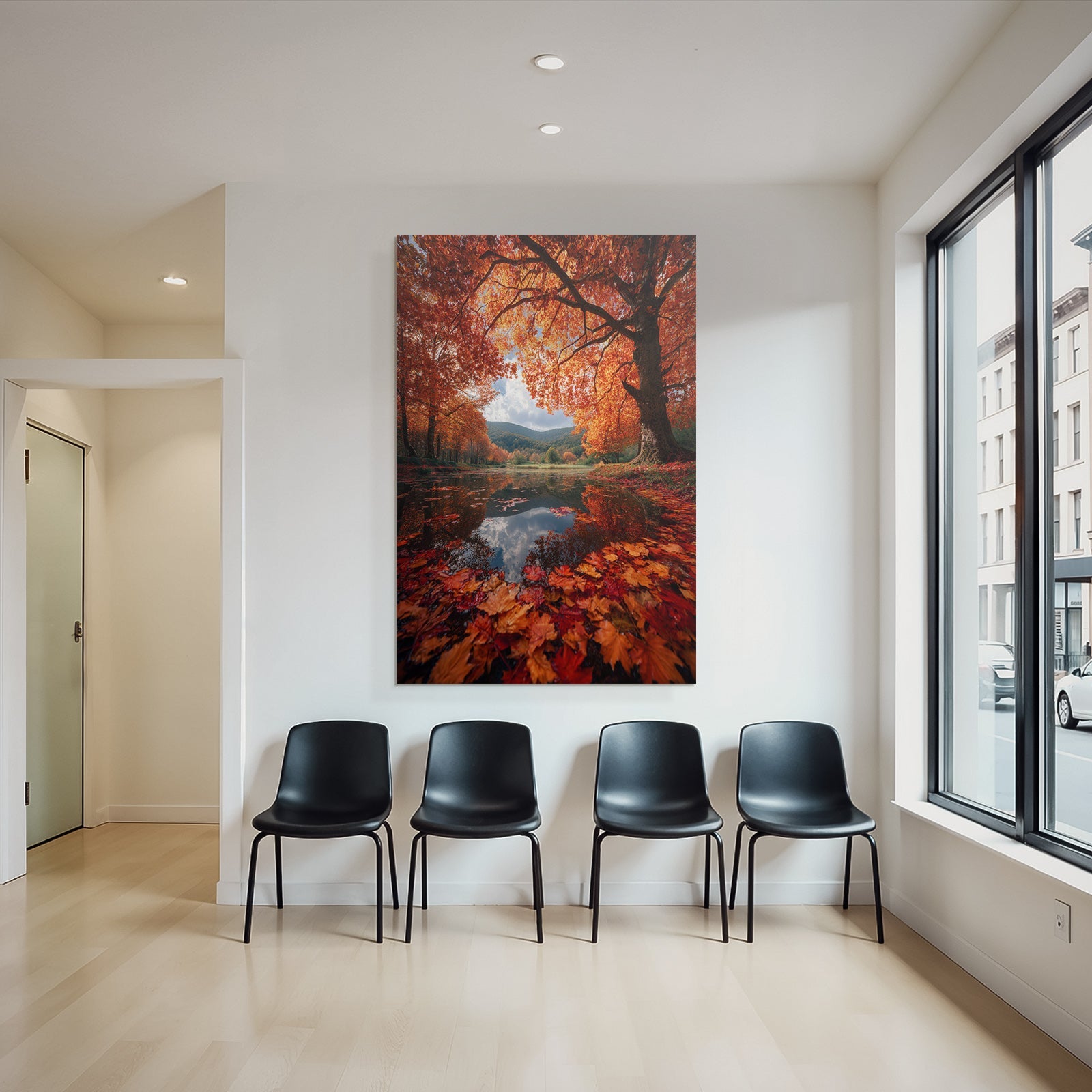 Herbstlandschaft Spiegelt Sich Im Wasser Farbenspiel Aus Blattern