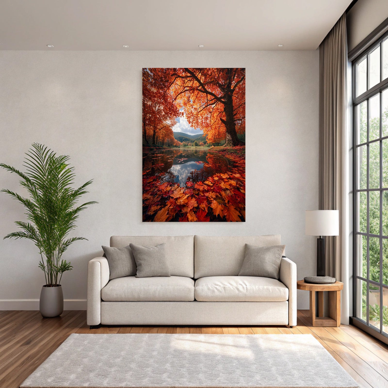 Herbstlandschaft Spiegelt Sich Im Wasser Farbenspiel Aus Blattern