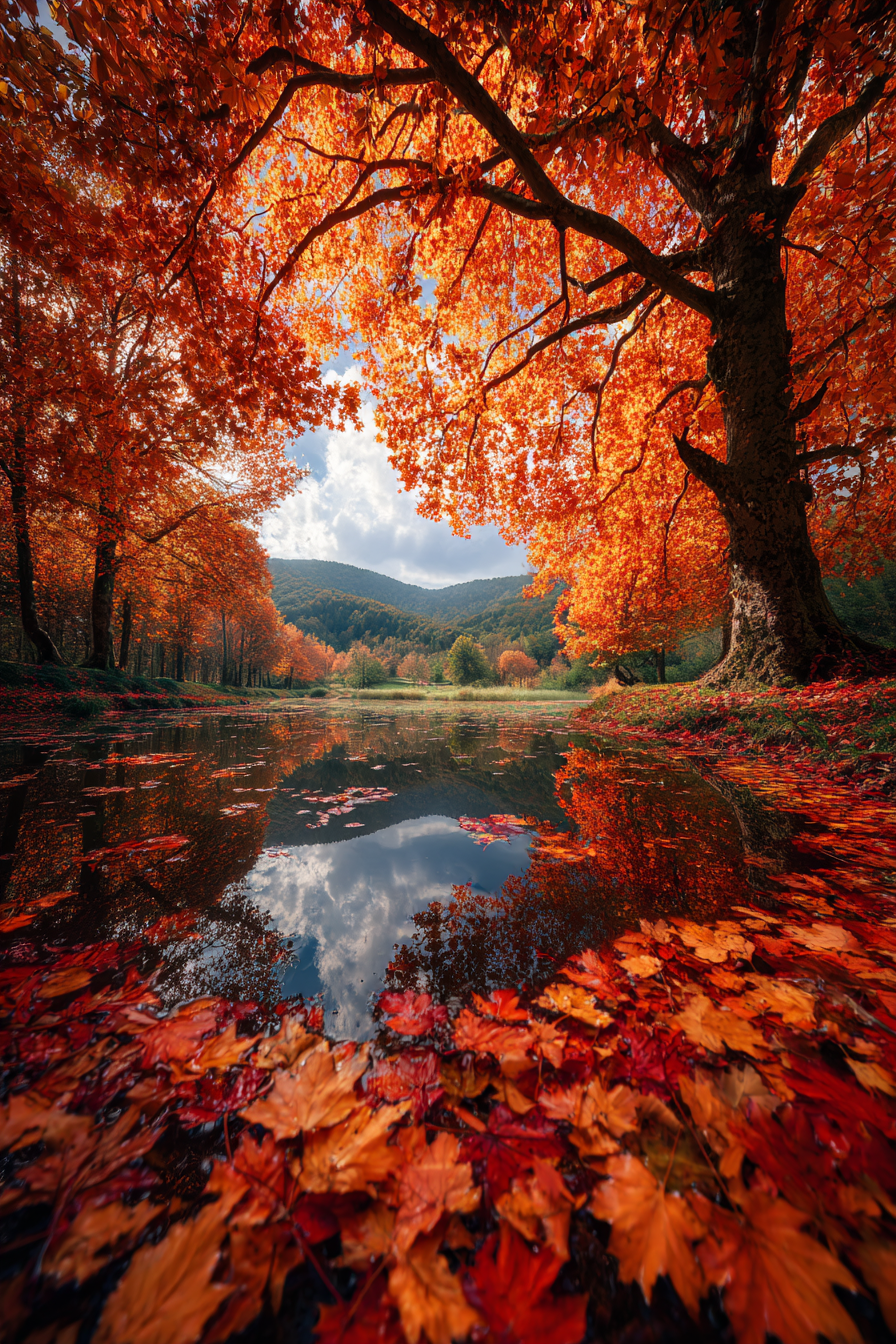 Herbstlandschaft Spiegelt Sich Im Wasser Farbenspiel Aus Blattern | Indian Summer | Jahreszeiten