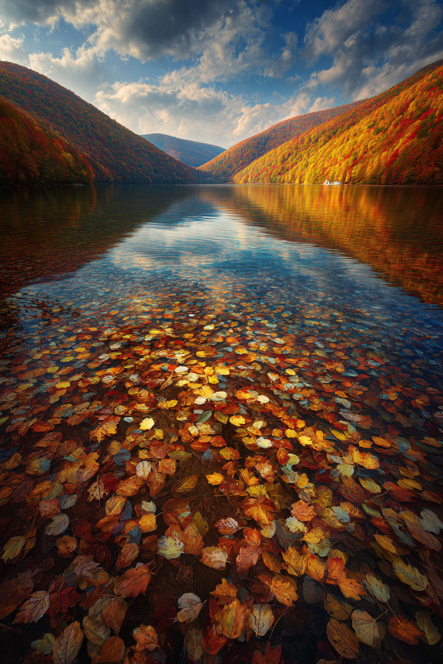 Herbstliche Landschaft Am See Reflektion Der Baumblätter | Indian Summer | Jahreszeiten