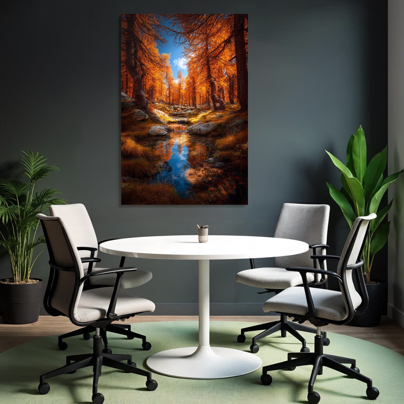 Herbstliche Landschaft Mit Orangen Bäumen Und Strom Reflexion
