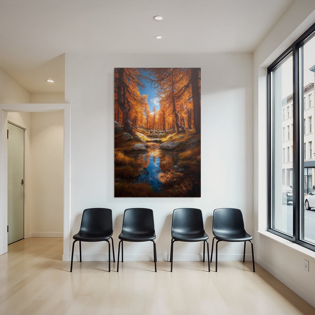 Herbstliche Landschaft Mit Orangen Bäumen Und Strom Reflexion
