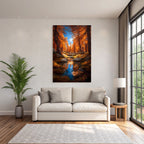 Herbstliche Landschaft Mit Orangen Bäumen Und Strom Reflexion