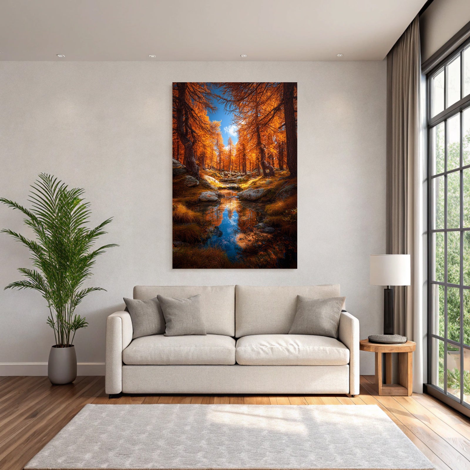 Herbstliche Landschaft Mit Orangen Bäumen Und Strom Reflexion