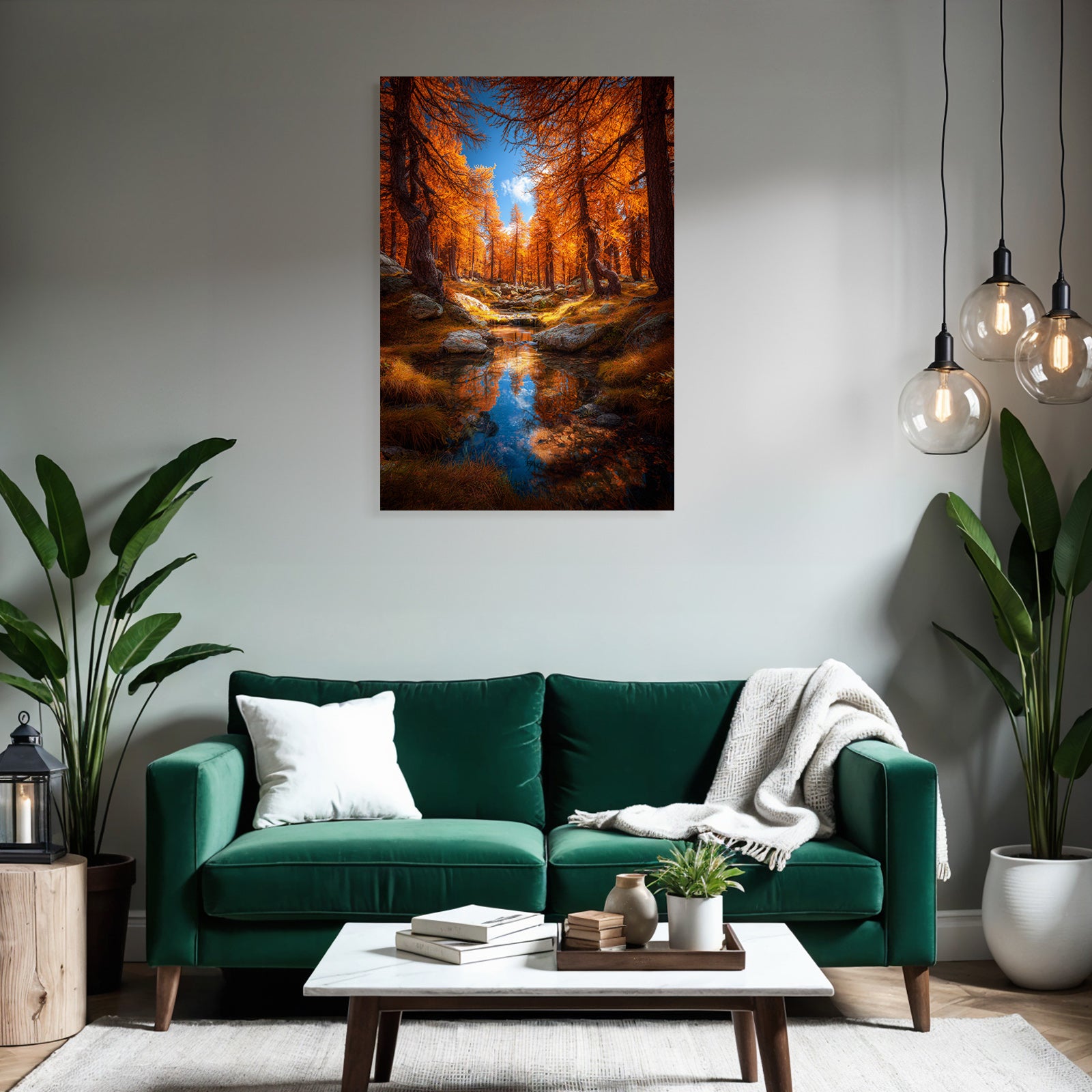 Herbstliche Landschaft Mit Orangen Bäumen Und Strom Reflexion