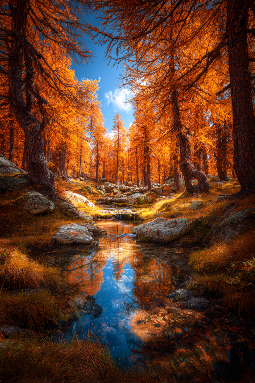 Herbstliche Landschaft Mit Orangen Bäumen Und Strom Reflexion | Indian Summer | Jahreszeiten
