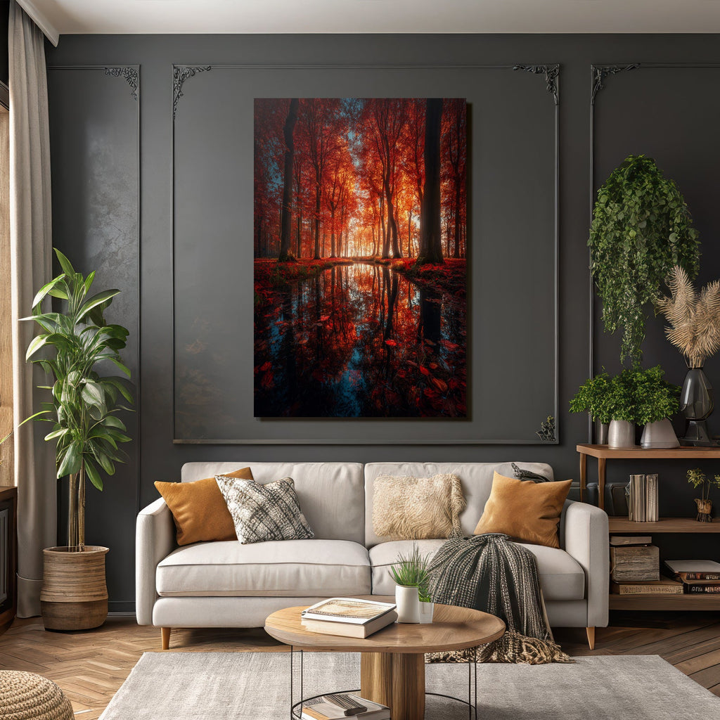 Herbstliche Ruhe Im Wald Reflektierendes Wasser Folien