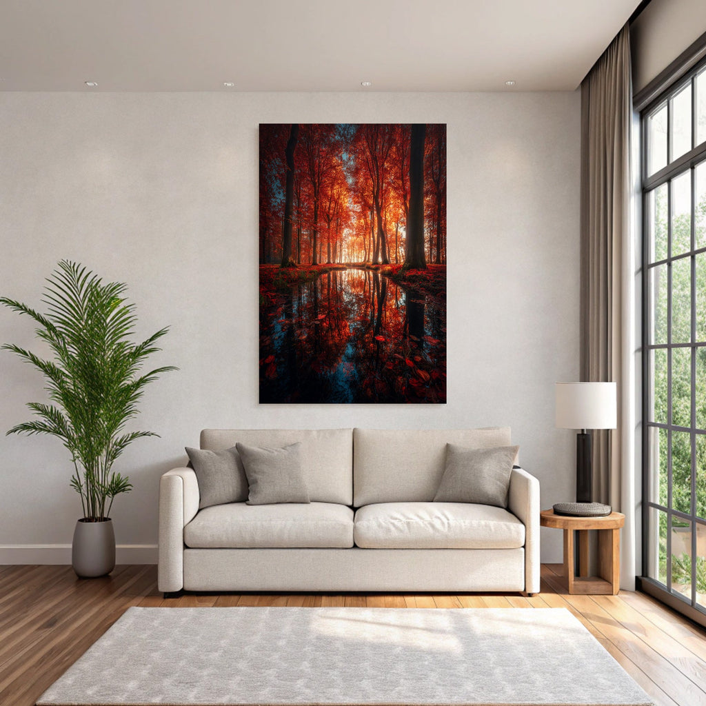 Herbstliche Ruhe Im Wald Reflektierendes Wasser Folien