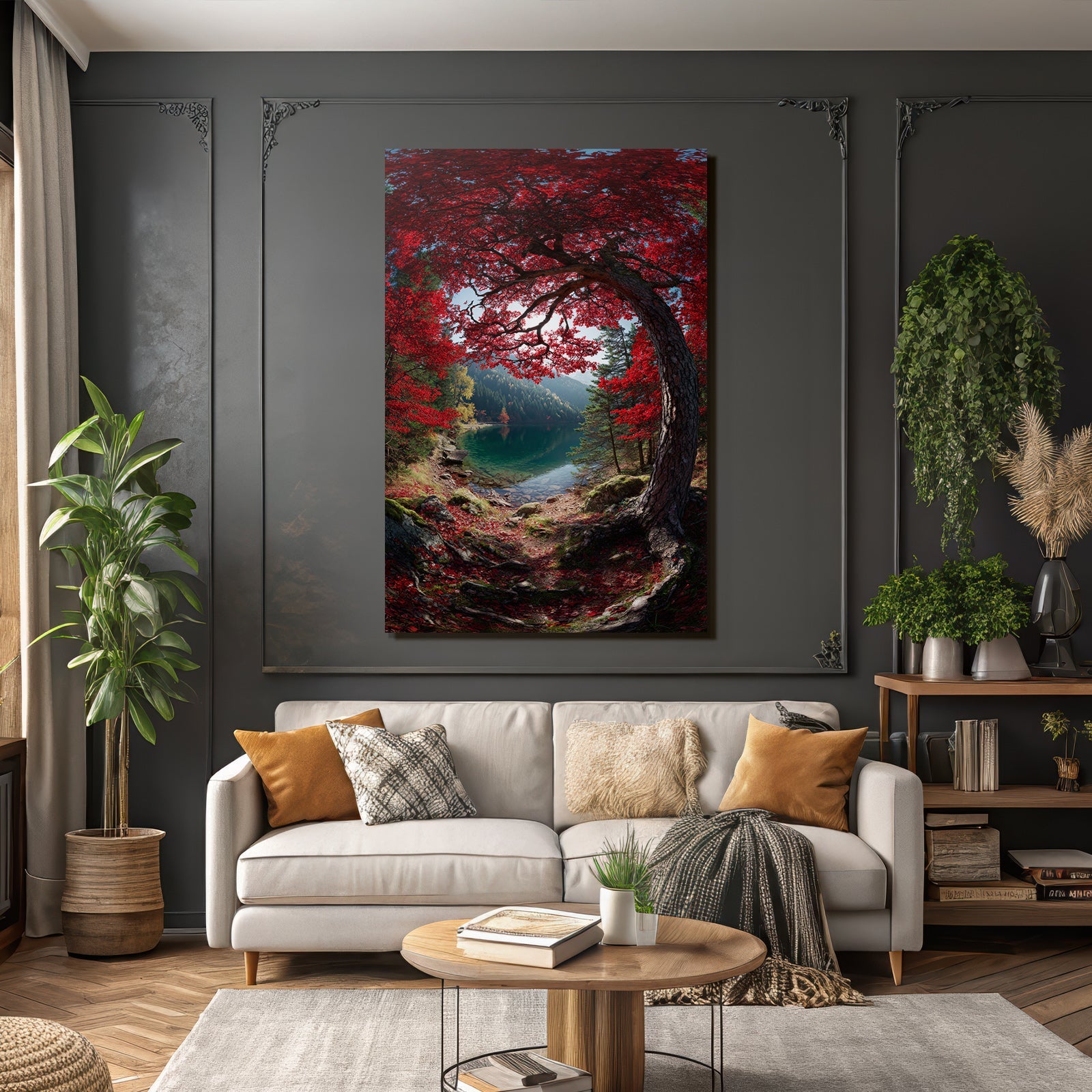 Ruhige Naturlandschaft Mit Rotem Laub Und Klarem Wasser