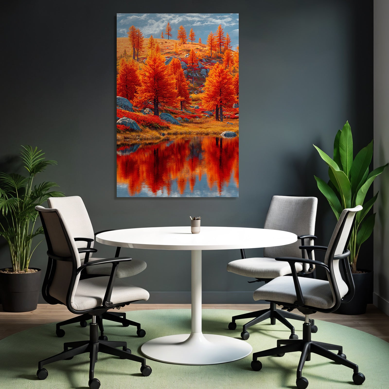 Vibrante Herbstlandschaft Mit Orangenem Blattwerk Reflektion Im Wasser