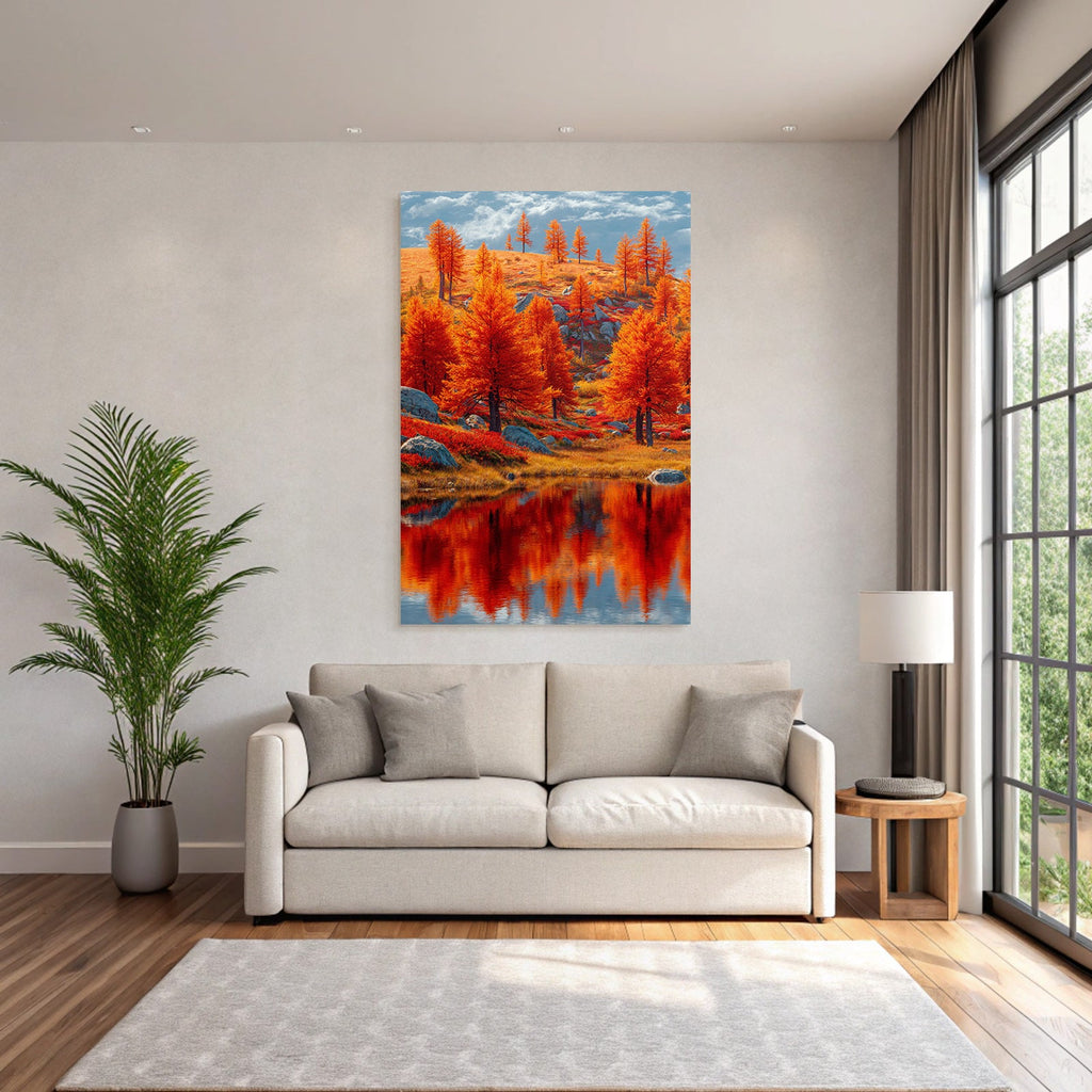 Vibrante Herbstlandschaft Mit Orangenem Blattwerk Reflektion Im Wasser