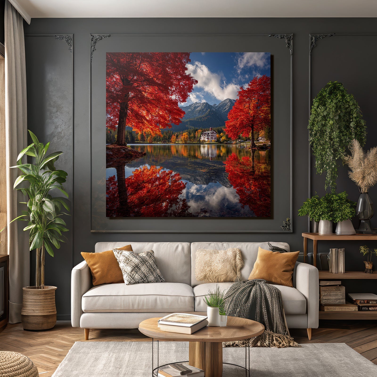 Herbstlandschaft Am See Mit Roten Bäumen Und Bergen