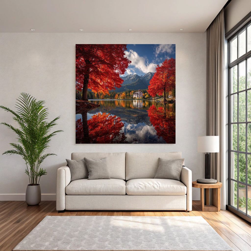Herbstlandschaft Am See Mit Roten Bäumen Und Bergen