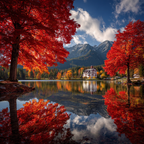 Herbstlandschaft Am See Mit Roten Bäumen Und Bergen | Indian Summer | Jahreszeiten